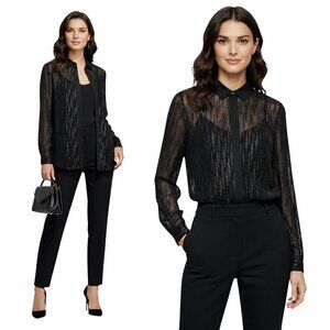 Reiss Black Sheer Mesh Metallic Blouse Long Sleeve 6